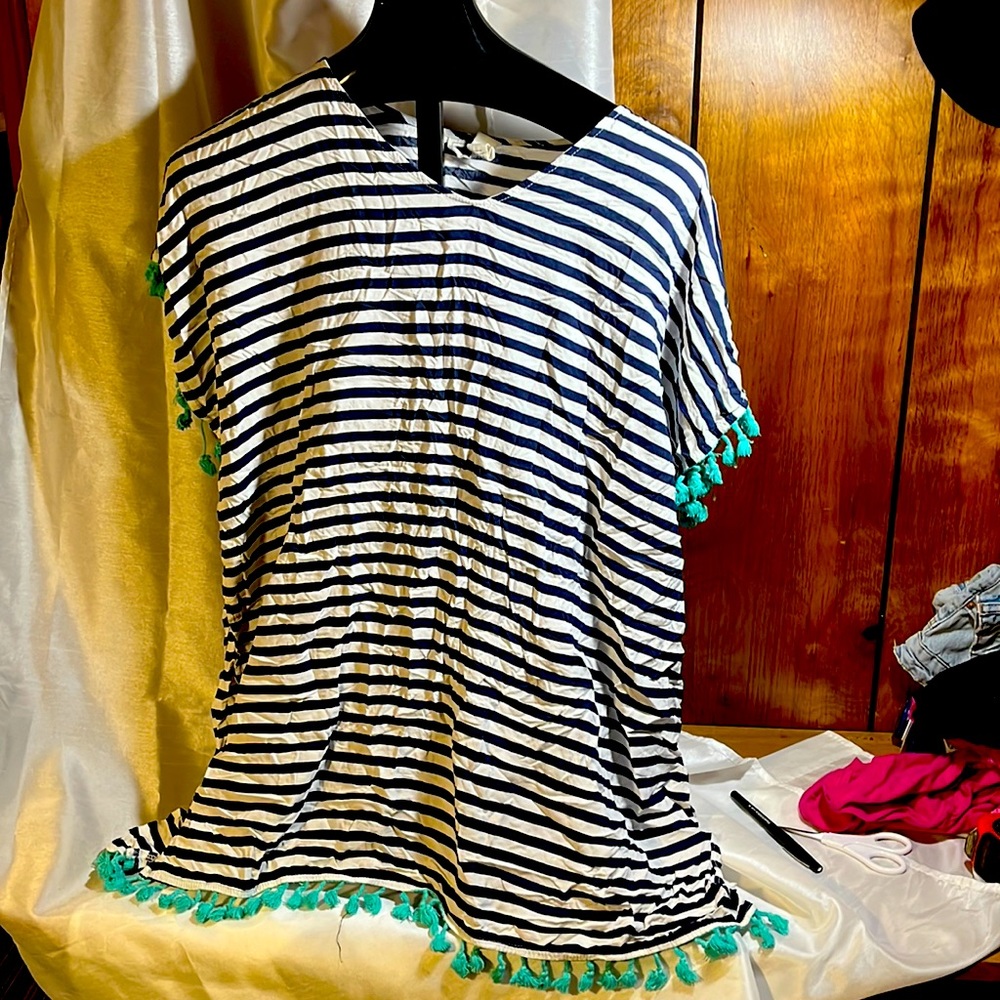Gently Ised WATER LILY cover up, navy & white striped with mint green tassels